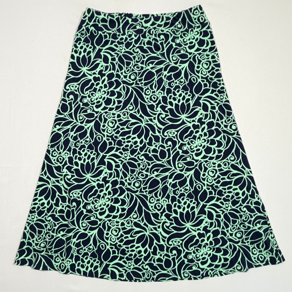 Talbots A-Line Skirt Women's MP Navy Mint Green Floral Scroll Knit Casual Preppy